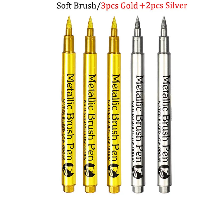 Brush Metallic Craftwork Pen Silver/Gold Permanent Acrylic Paint Pens Markers for Rock Painting 1-5MM Soft/Hard Nib Art Supplies