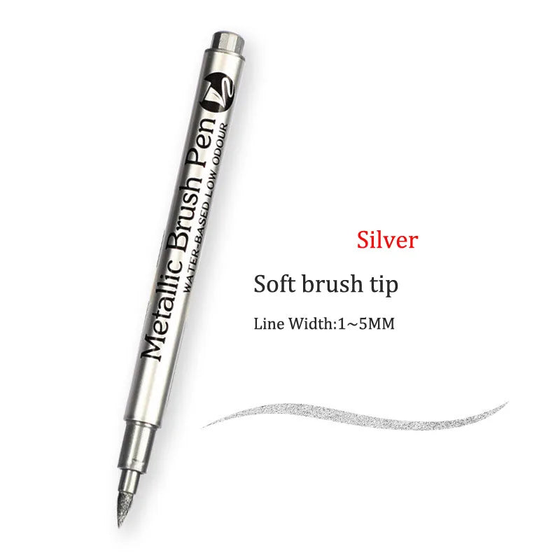 Brush Metallic Craftwork Pen Silver/Gold Permanent Acrylic Paint Pens Markers for Rock Painting 1-5MM Soft/Hard Nib Art Supplies