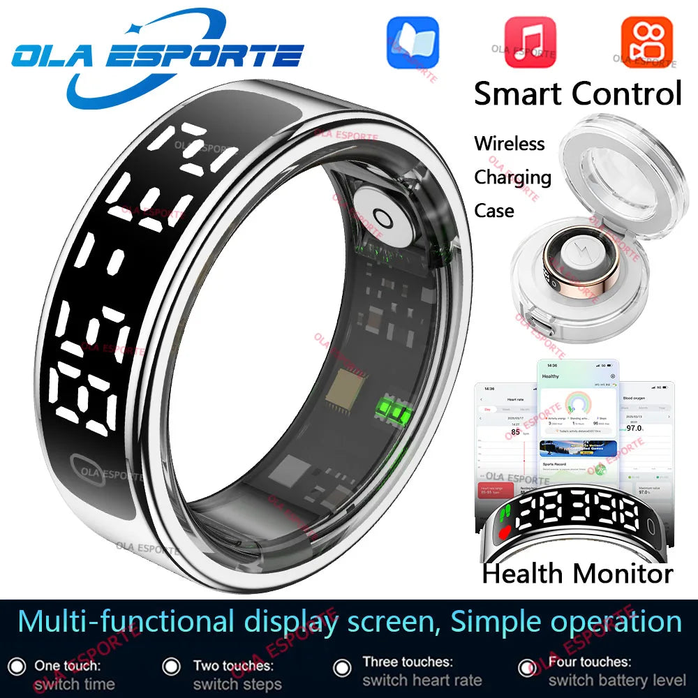 R13 Smart Ring with Display Screen and Touch,Wireless Charging Case,Health Manager,5ATM Waterproof Men Women Ring For Android OS
