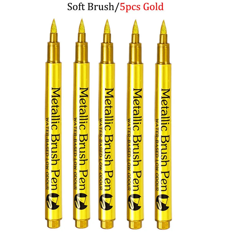 Brush Metallic Craftwork Pen Silver/Gold Permanent Acrylic Paint Pens Markers for Rock Painting 1-5MM Soft/Hard Nib Art Supplies