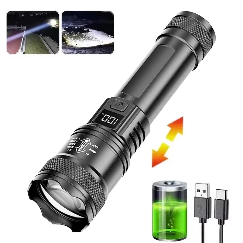 9900LM Powerful LED Flashlight Battery Display USB Rechargeable Light Telescopic Zoom Torch Lamp Outdoor Camping Fishing Lantern