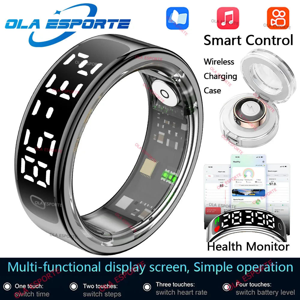 R13 Smart Ring with Display Screen and Touch,Wireless Charging Case,Health Manager,5ATM Waterproof Men Women Ring For Android OS
