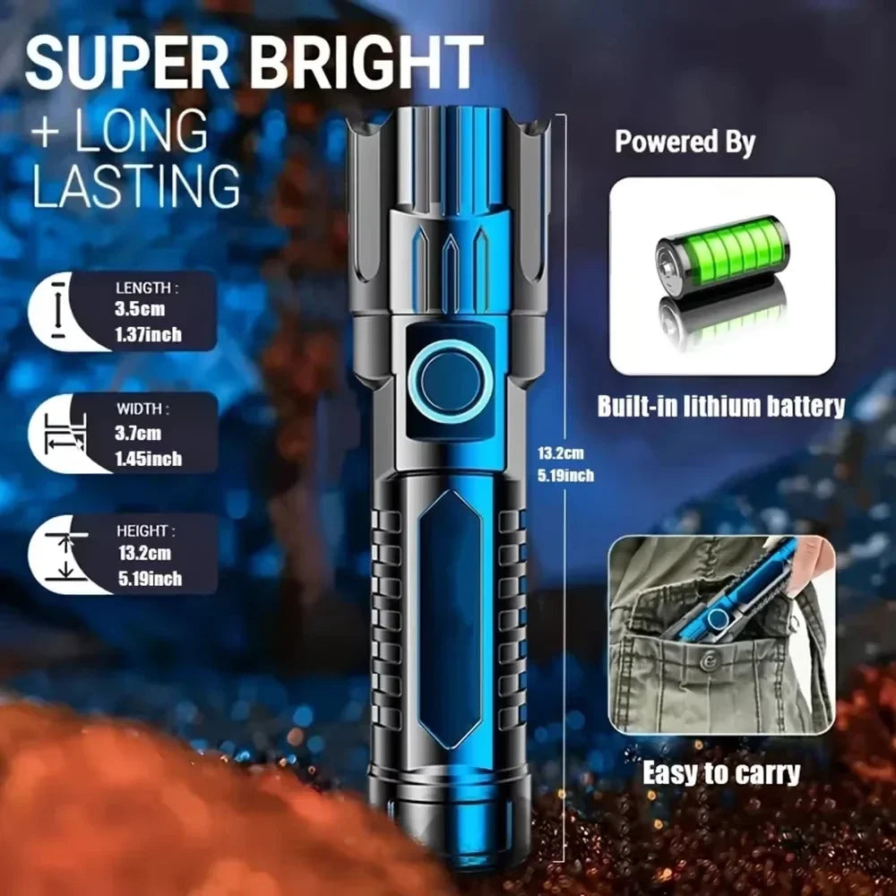 9900LM Powerful LED Flashlight Battery Display USB Rechargeable Light Telescopic Zoom Torch Lamp Outdoor Camping Fishing Lantern