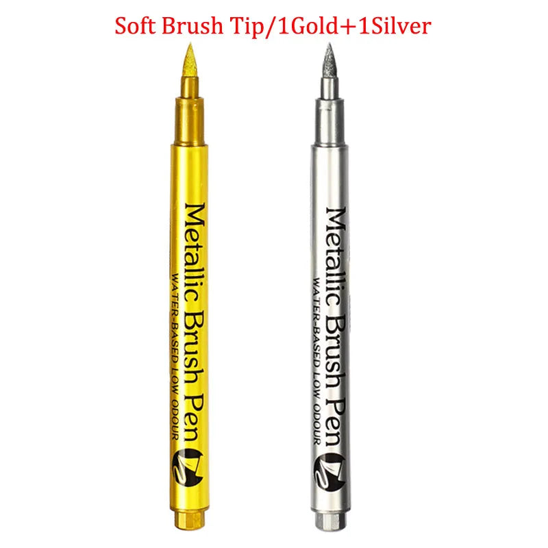 Brush Metallic Craftwork Pen Silver/Gold Permanent Acrylic Paint Pens Markers for Rock Painting 1-5MM Soft/Hard Nib Art Supplies