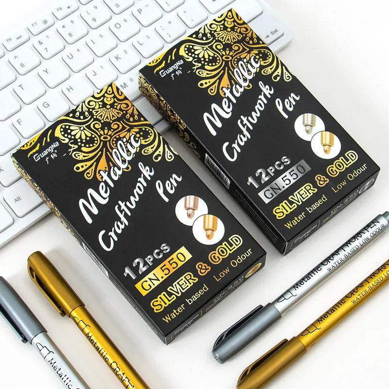 Brush Metallic Craftwork Pen Silver/Gold Permanent Acrylic Paint Pens Markers for Rock Painting 1-5MM Soft/Hard Nib Art Supplies
