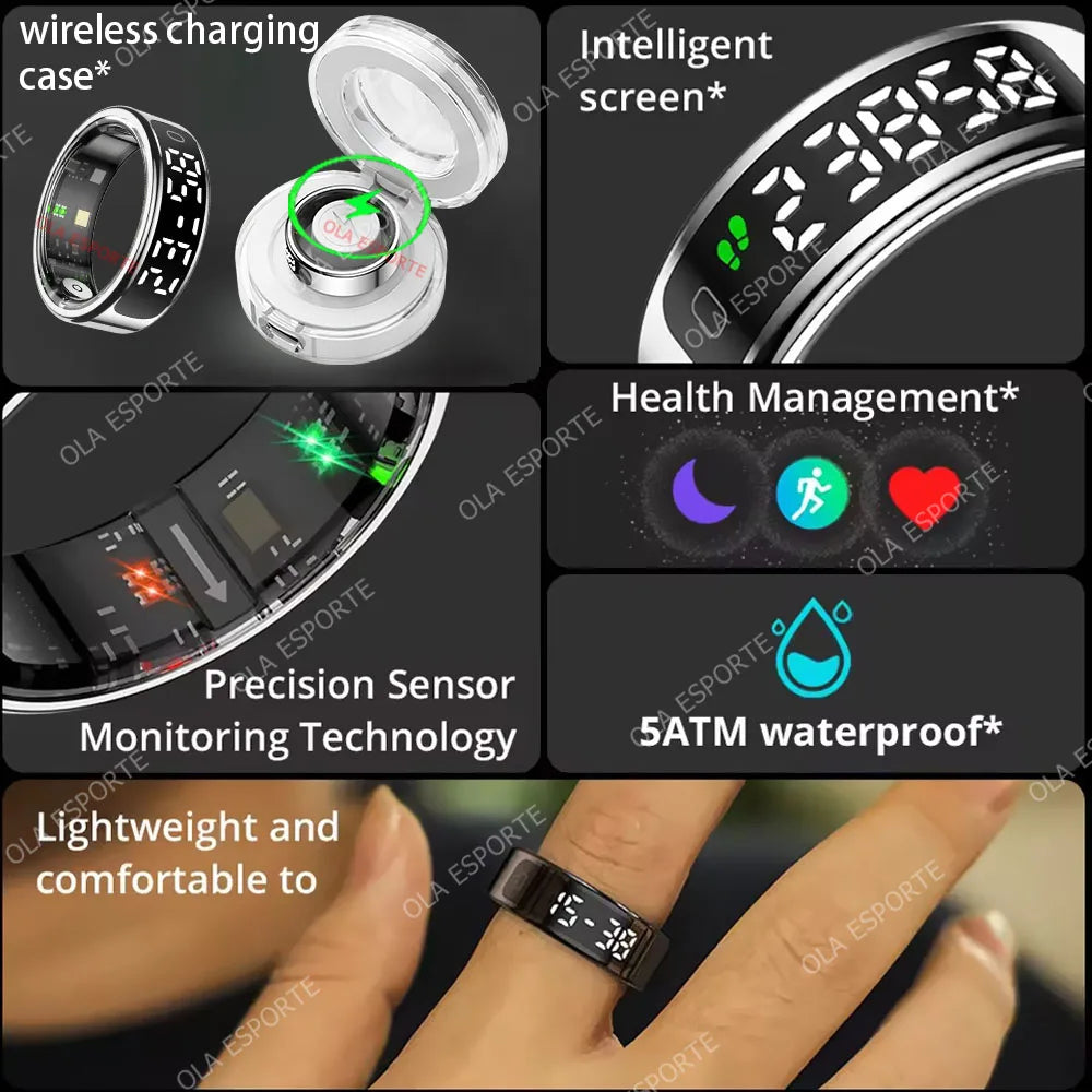 R13 Smart Ring with Display Screen and Touch,Wireless Charging Case,Health Manager,5ATM Waterproof Men Women Ring For Android OS
