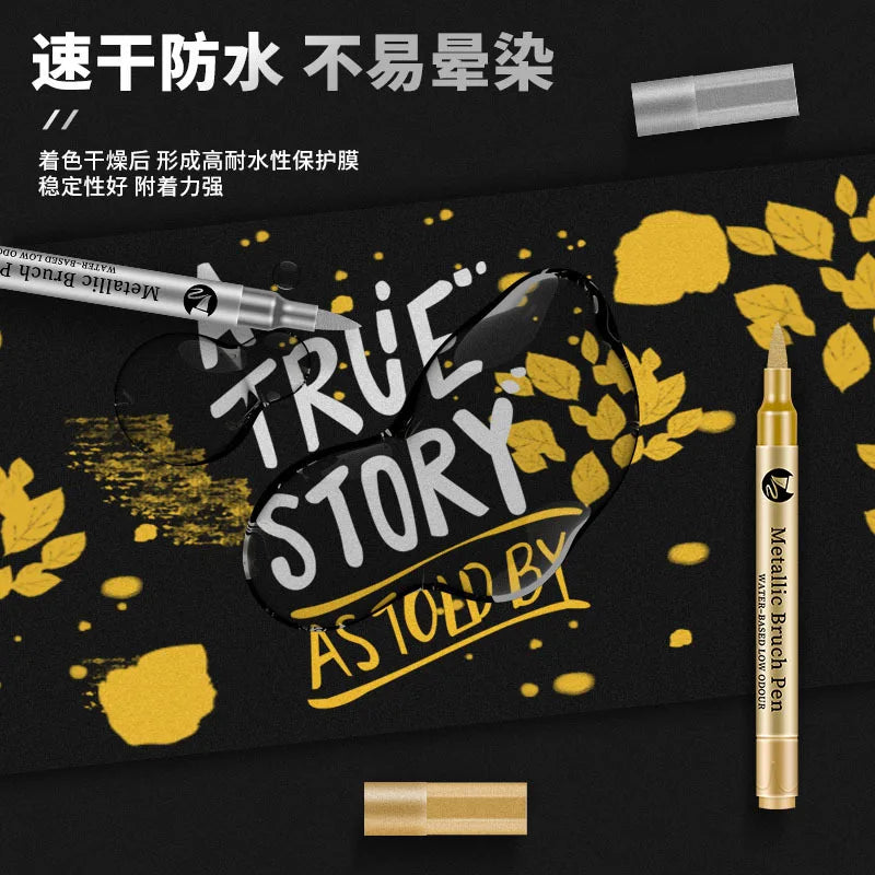2-12 Pcs DIY Waterproof Paint Marker Pens Gold and Silver Student Supplies Craftwork Brush Pen Art Painting