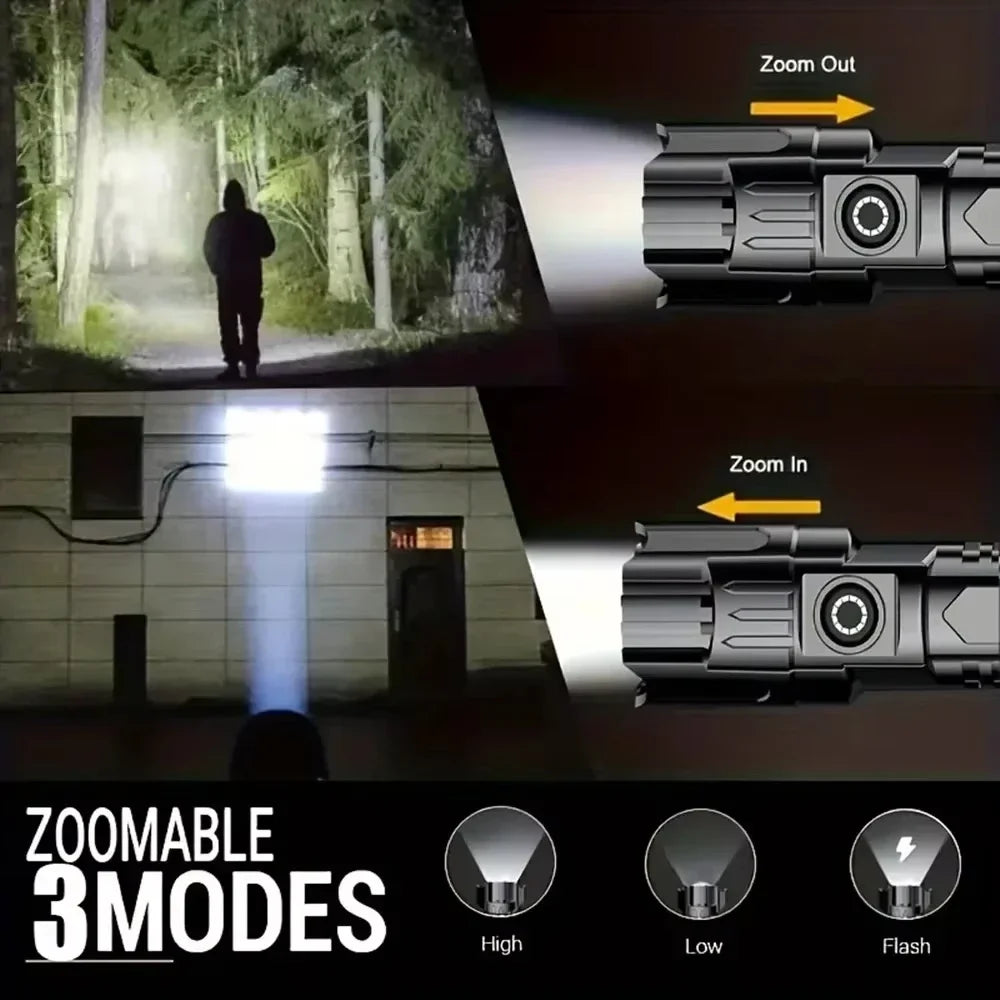 9900LM Powerful LED Flashlight Battery Display USB Rechargeable Light Telescopic Zoom Torch Lamp Outdoor Camping Fishing Lantern
