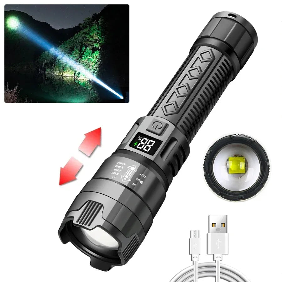 9900LM Powerful LED Flashlight Battery Display USB Rechargeable Light Telescopic Zoom Torch Lamp Outdoor Camping Fishing Lantern