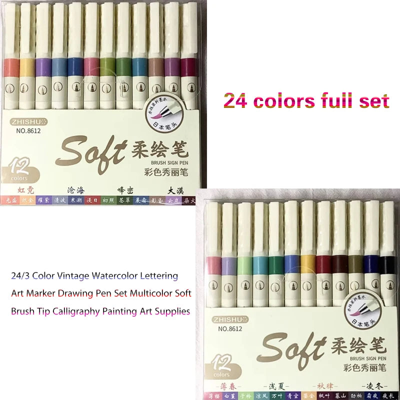 24/3 Color Vintage Watercolor Lettering Art Marker Drawing Pen Set Multicolor Soft Brush Tip Calligraphy Painting Art Supplies