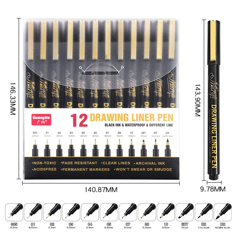 12 Tip Pigment Liner Micron Ink Marker Pen for Manga Draw Sketching Needle Pen Hook Line Pen Sketch Stationery Set Art Supplies
