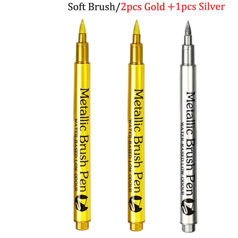 Brush Metallic Craftwork Pen Silver/Gold Permanent Acrylic Paint Pens Markers for Rock Painting 1-5MM Soft/Hard Nib Art Supplies