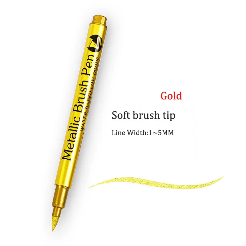 Brush Metallic Craftwork Pen Silver/Gold Permanent Acrylic Paint Pens Markers for Rock Painting 1-5MM Soft/Hard Nib Art Supplies