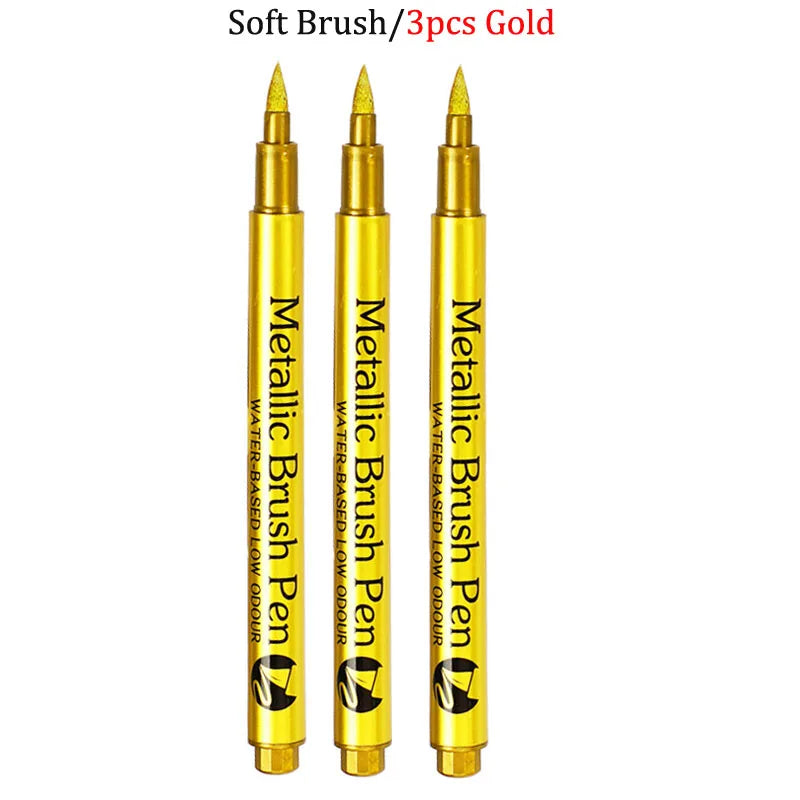 Brush Metallic Craftwork Pen Silver/Gold Permanent Acrylic Paint Pens Markers for Rock Painting 1-5MM Soft/Hard Nib Art Supplies
