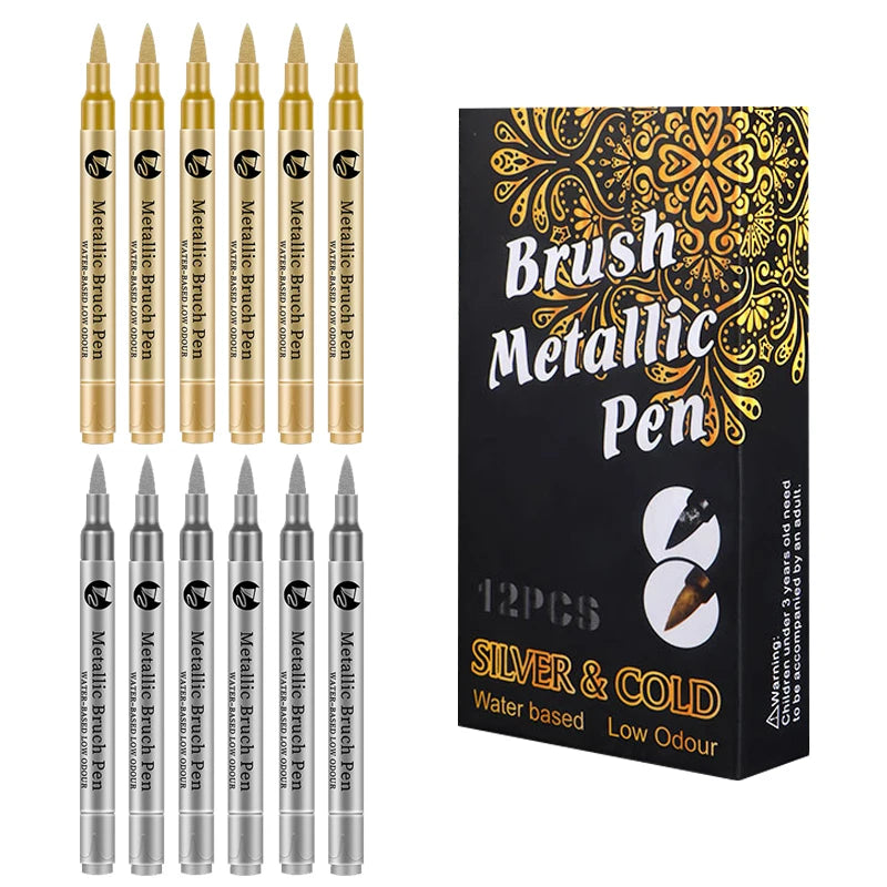 2-12 Pcs DIY Waterproof Paint Marker Pens Gold and Silver Student Supplies Craftwork Brush Pen Art Painting