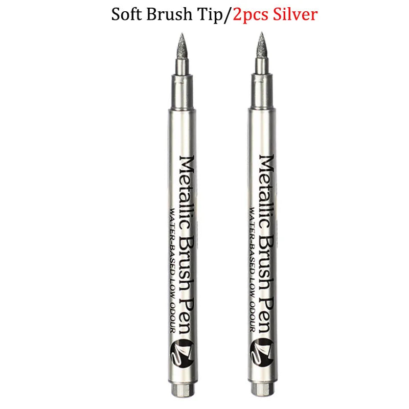 Brush Metallic Craftwork Pen Silver/Gold Permanent Acrylic Paint Pens Markers for Rock Painting 1-5MM Soft/Hard Nib Art Supplies